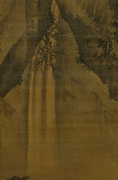 Detail of an ink landscape on aged silk: pale threads of a waterfall dropping down a dark cliff face, with small pines clinging to the rock beside them.